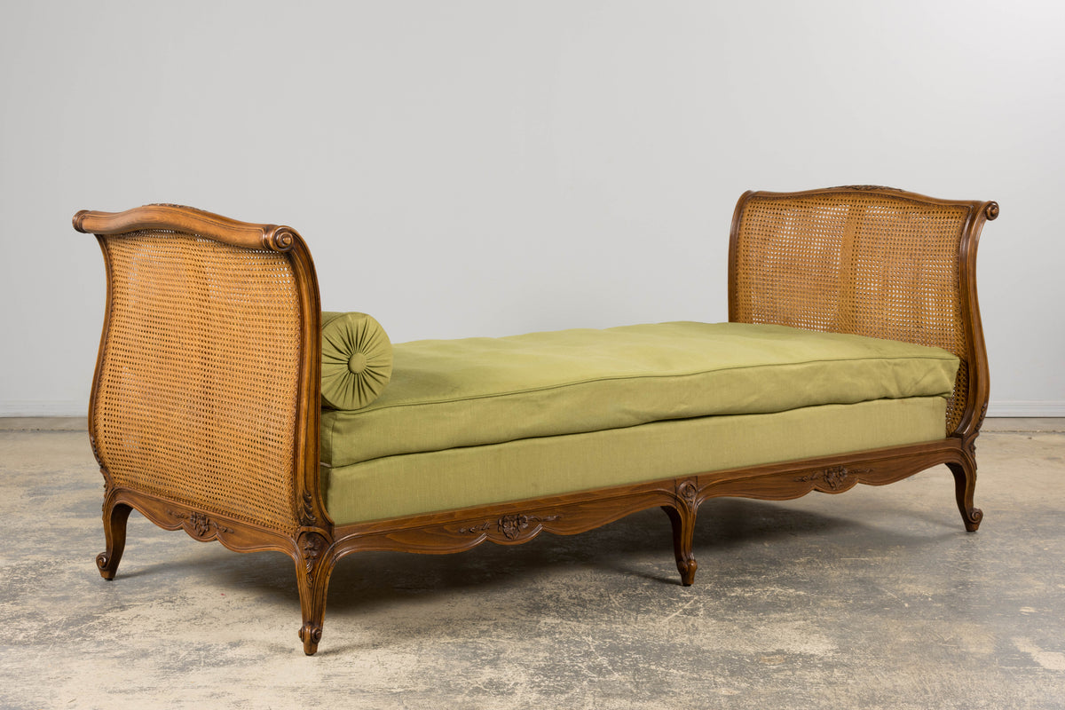 Antique French Louis XV Style Walnut Cane Daybed W/ Light Green Linen
