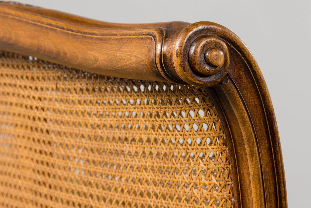 Antique French Louis XV Style Walnut Cane Daybed W/ Light Green Linen
