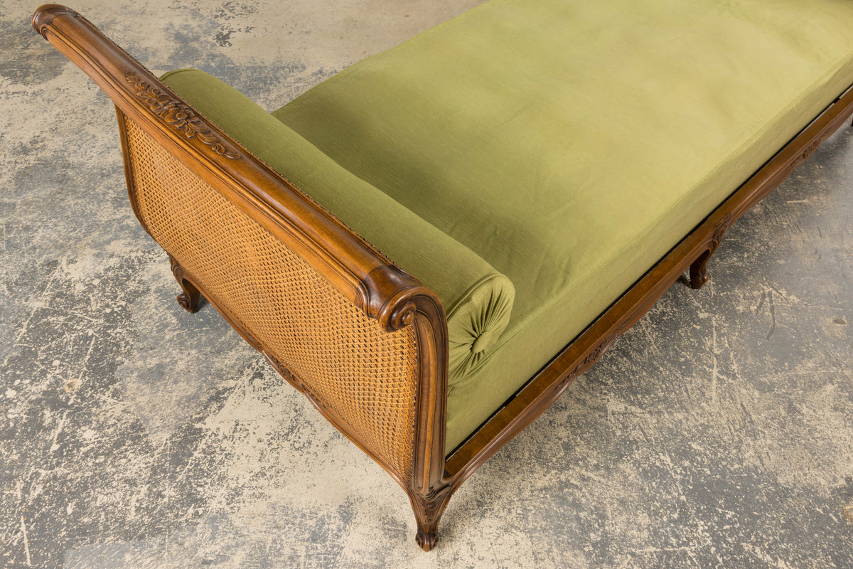Antique French Louis XV Style Walnut Cane Daybed W/ Light Green Linen