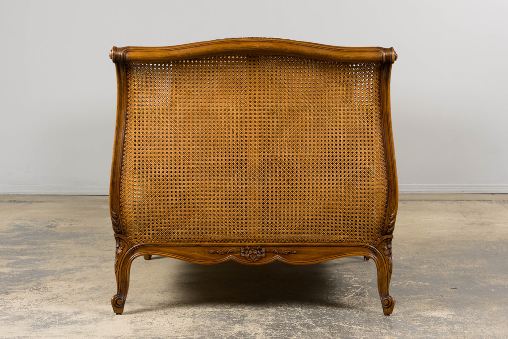 Antique French Louis XV Style Walnut Cane Daybed W/ Light Green Linen