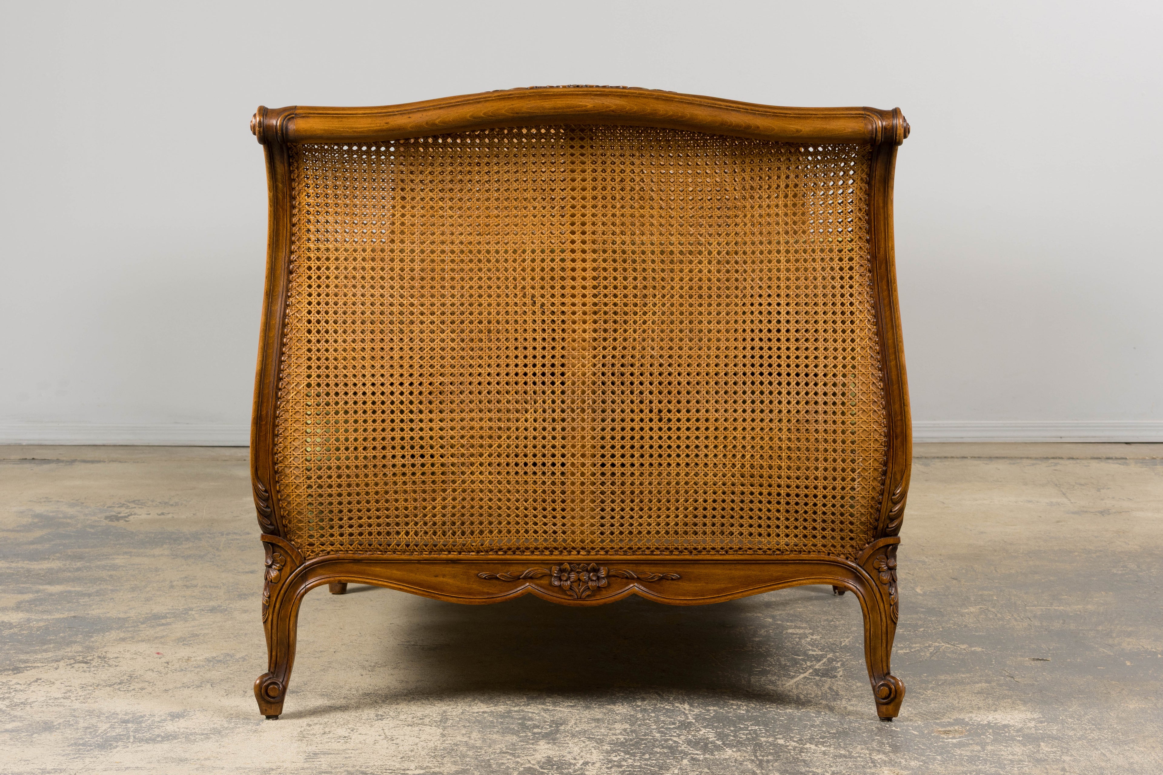 Antique French Louis XV Style Walnut Cane Daybed W/ Light Green Linen