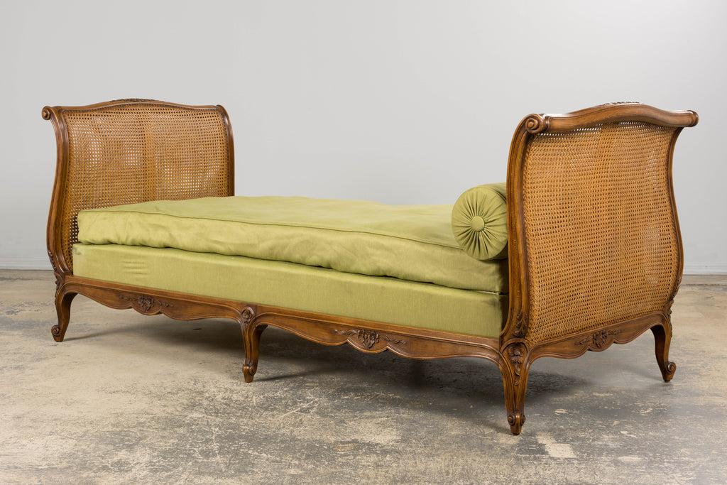 Antique French Louis XV Style Walnut Cane Daybed W/ Light Green Linen