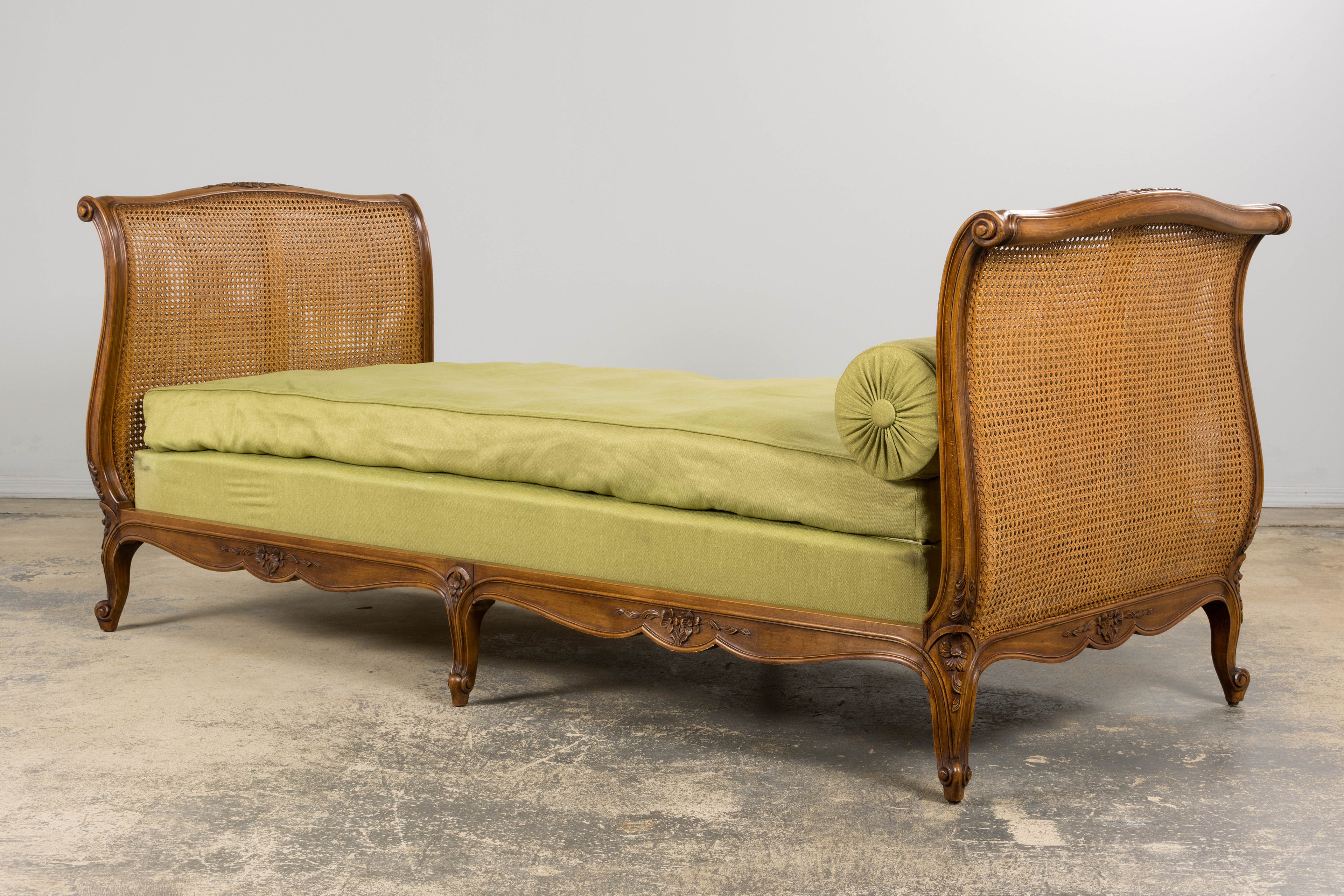 Antique French Louis XV Style Walnut Cane Daybed W/ Light Green Linen