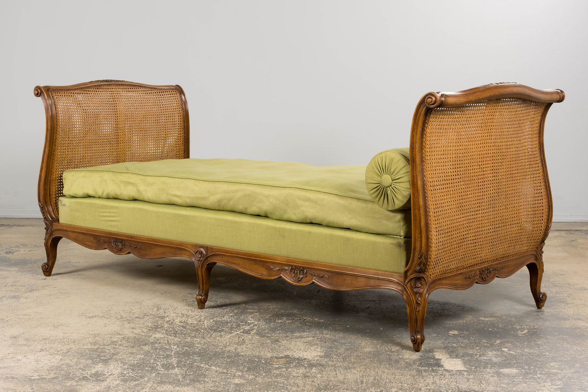 Antique French Louis XV Style Walnut Cane Daybed W/ Light Green Linen