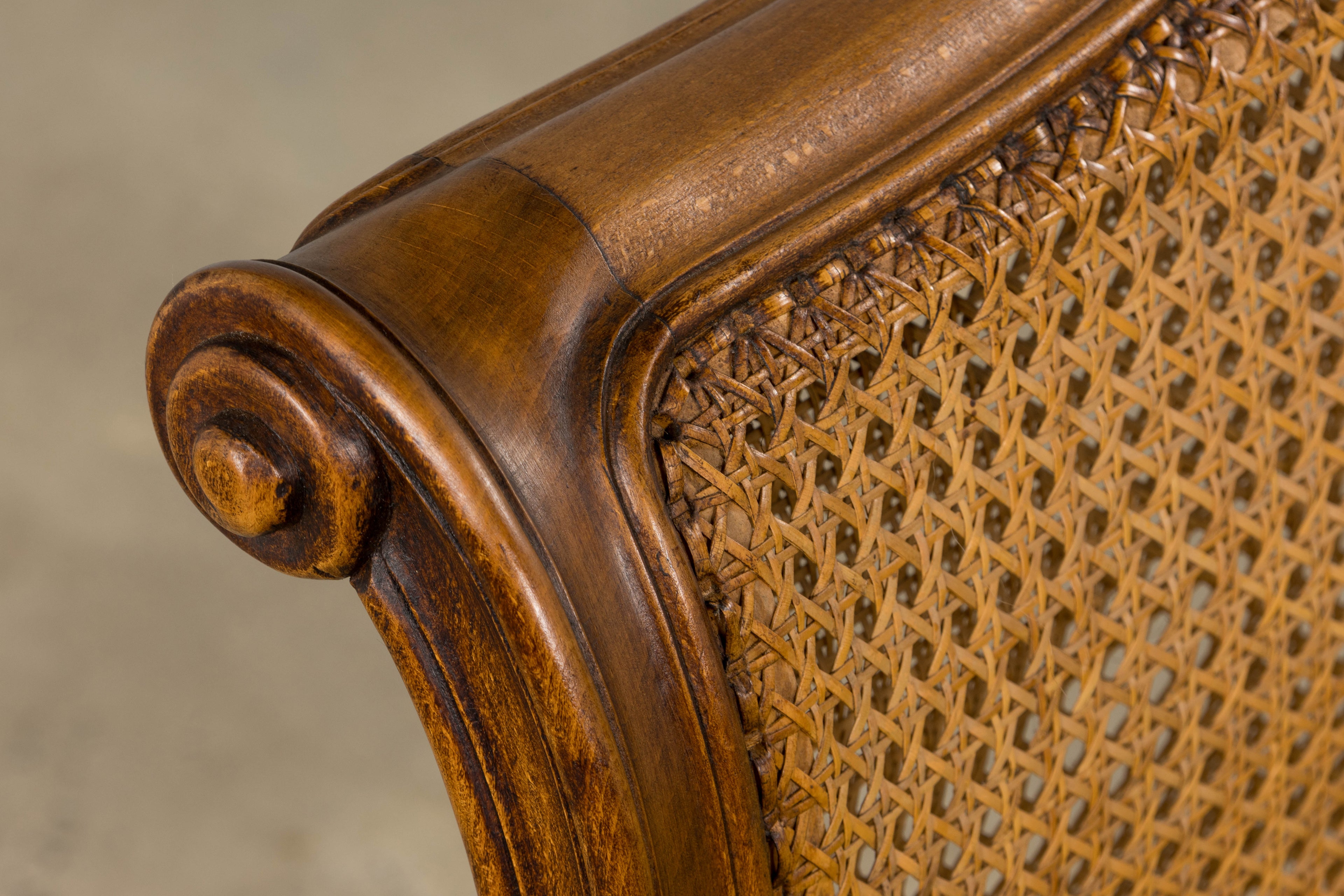 Antique French Louis XV Style Walnut Cane Daybed W/ Light Green Linen