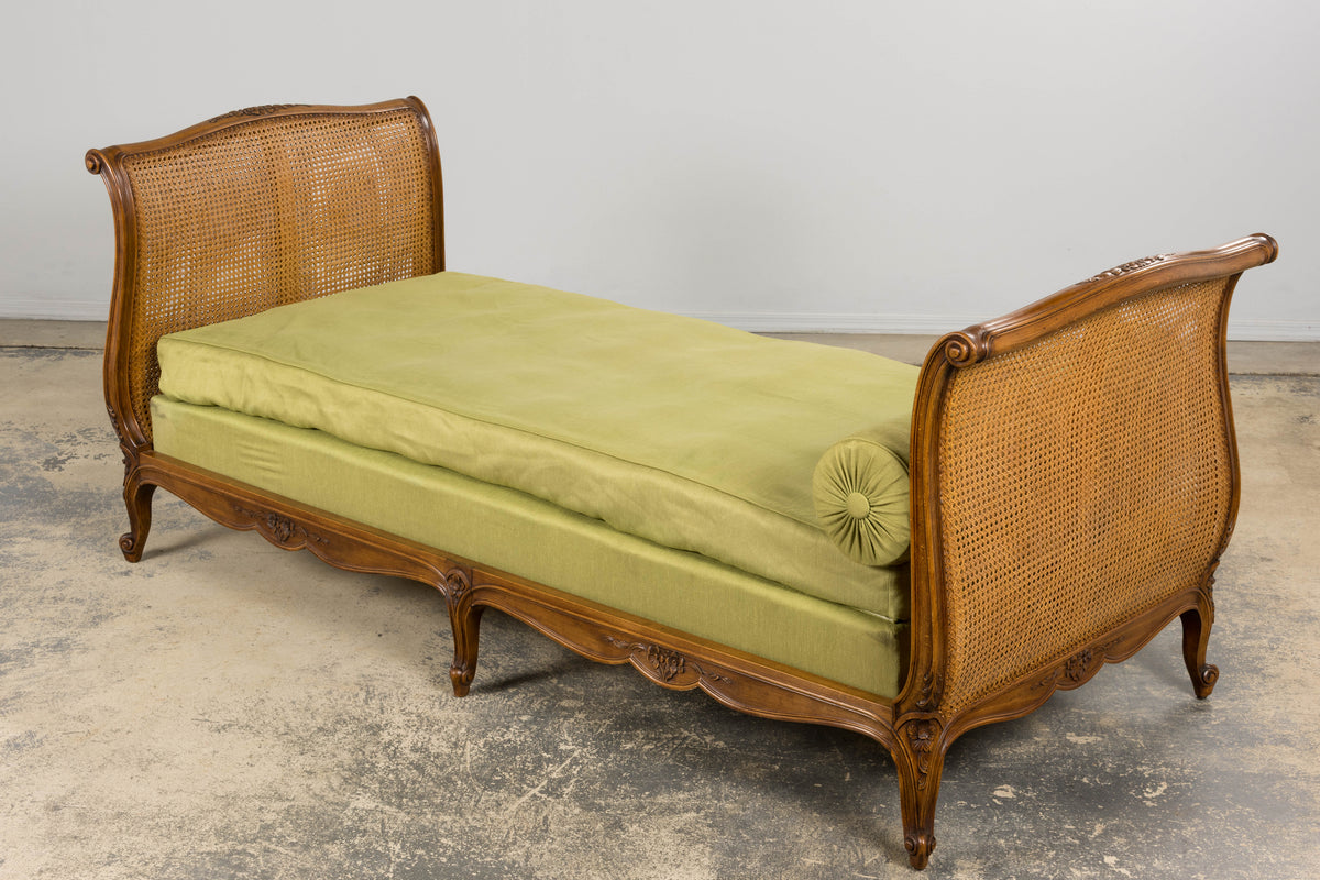 Antique French Louis XV Style Walnut Cane Daybed W/ Light Green Linen