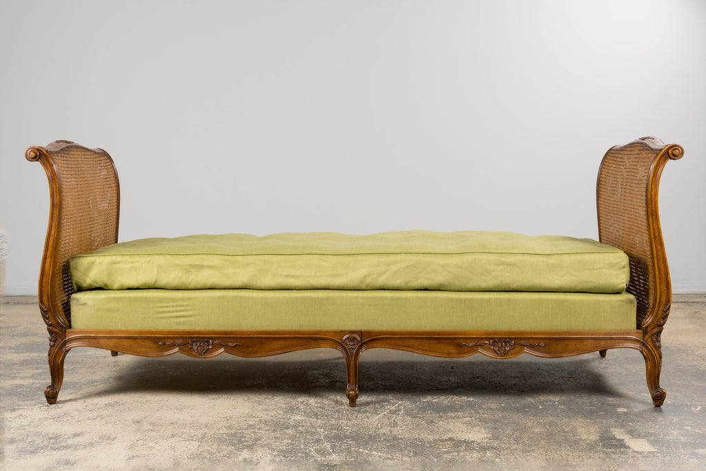 Antique French Louis XV Style Walnut Cane Daybed W/ Light Green Linen