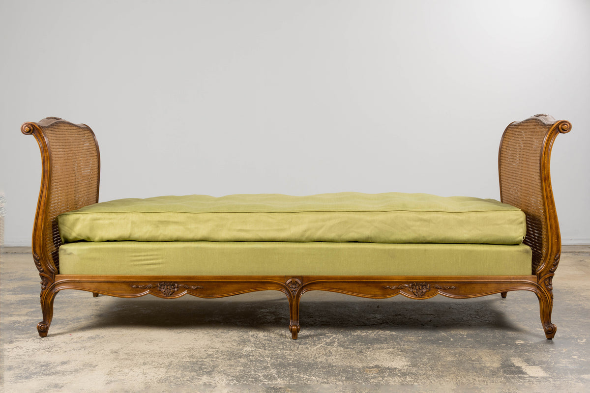 Antique French Louis XV Style Walnut Cane Daybed W/ Light Green Linen