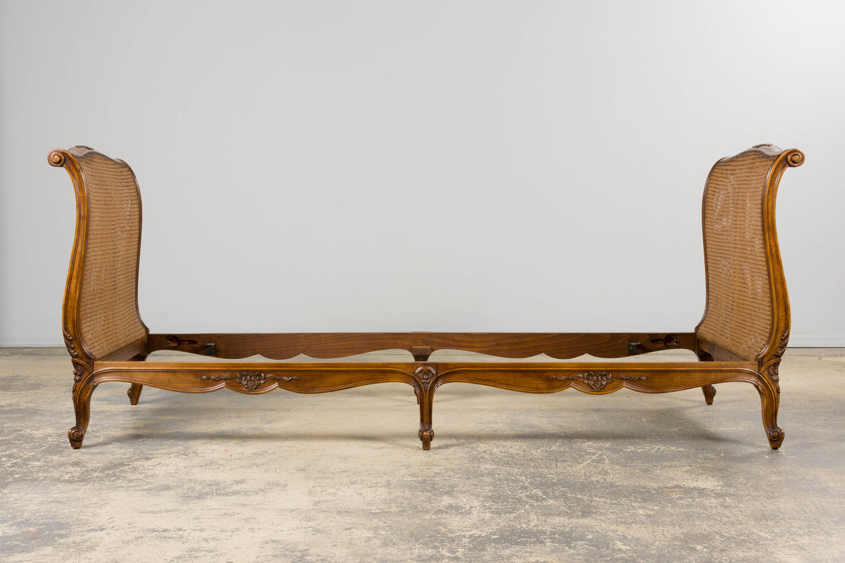 Antique French Louis XV Style Walnut Cane Daybed W/ Light Green Linen