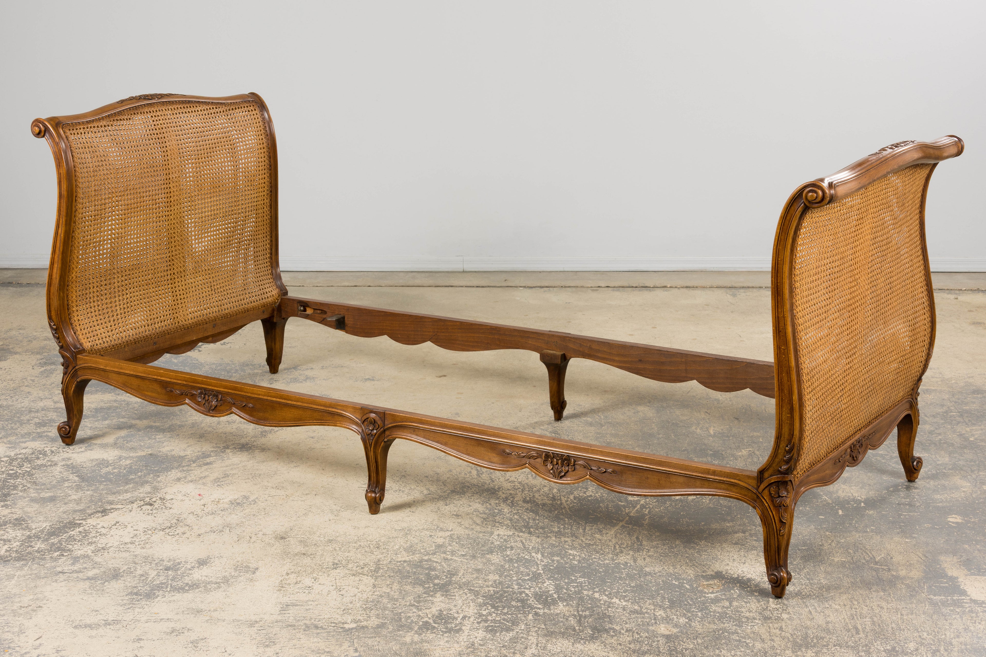 Antique French Louis XV Style Walnut Cane Daybed W/ Light Green Linen