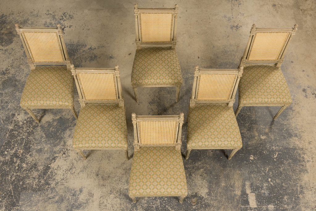 19th Century French Louis XVI Painted Cane Back Dining Chairs W/ Green Linen - Set of 6
