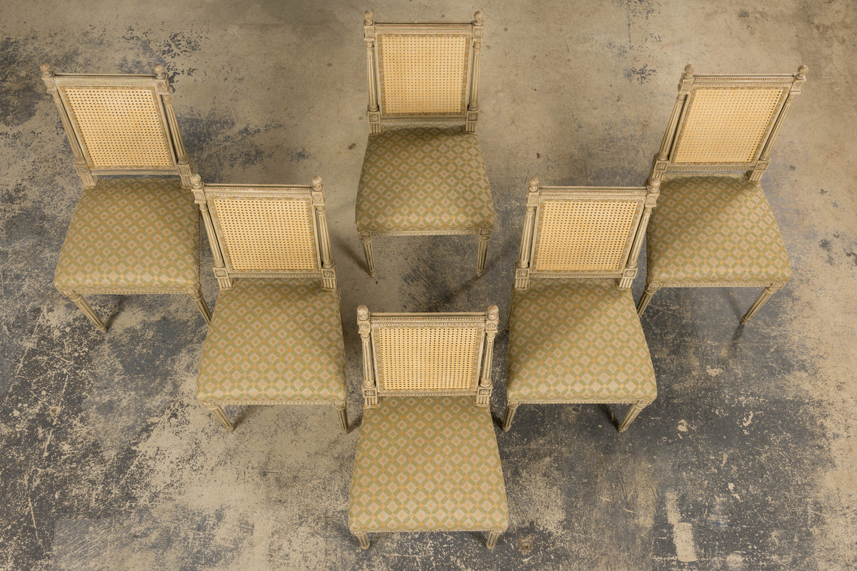 19th Century French Louis XVI Painted Cane Back Dining Chairs W/ Green Linen - Set of 6