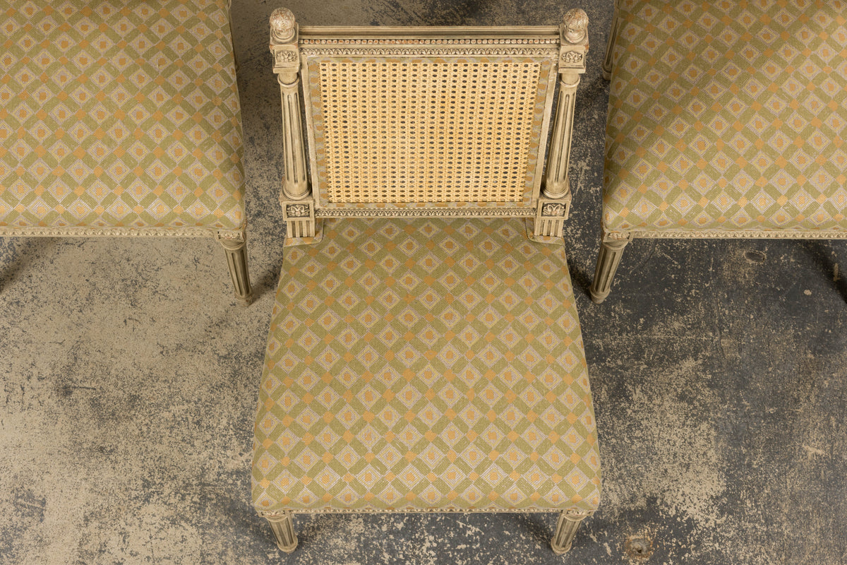 19th Century French Louis XVI Painted Cane Back Dining Chairs W/ Green Linen - Set of 6