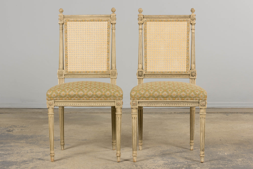 19th Century French Louis XVI Painted Cane Back Dining Chairs W/ Green Linen - Set of 6