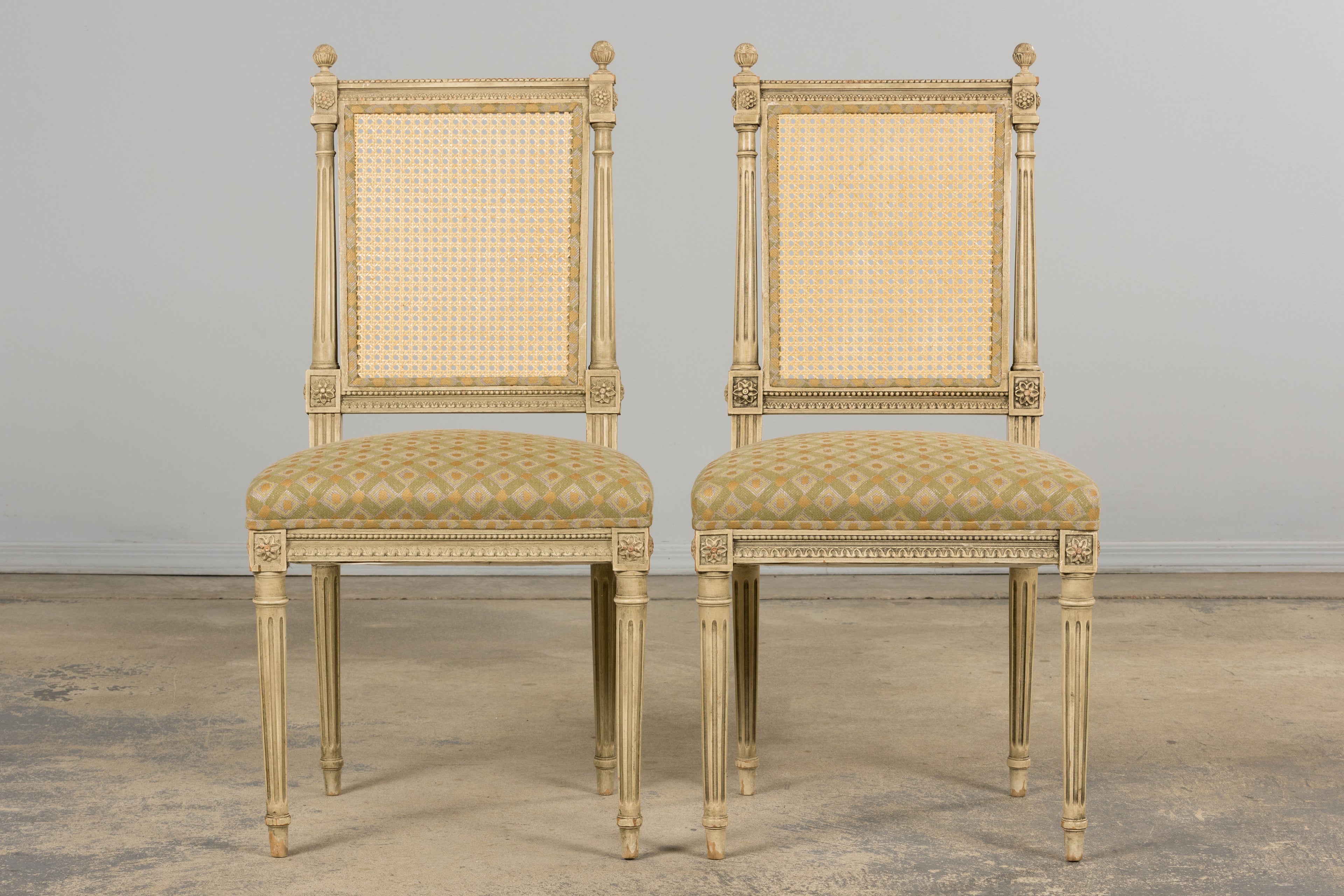 19th Century French Louis XVI Painted Cane Back Dining Chairs W/ Green Linen - Set of 6