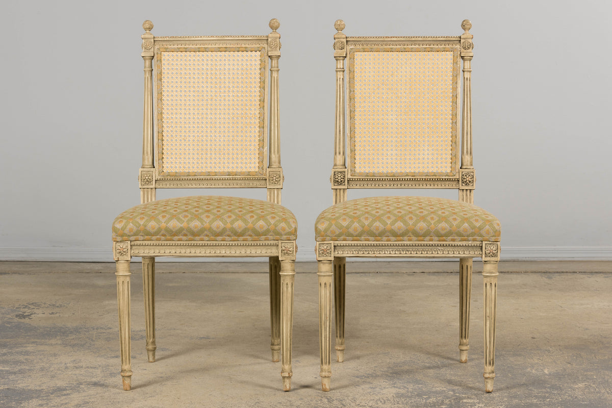 19th Century French Louis XVI Painted Cane Back Dining Chairs W/ Green Linen - Set of 6