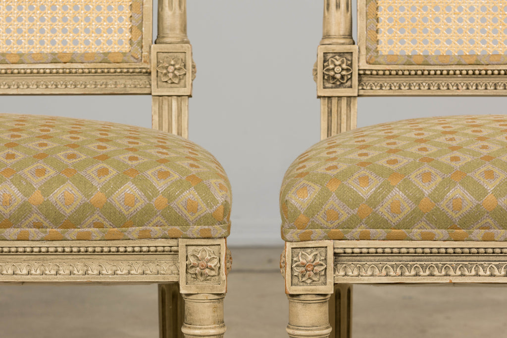 19th Century French Louis XVI Painted Cane Back Dining Chairs W/ Green Linen - Set of 6