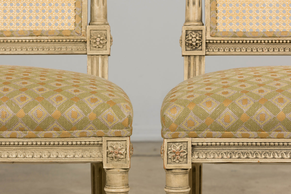 19th Century French Louis XVI Painted Cane Back Dining Chairs W/ Green Linen - Set of 6