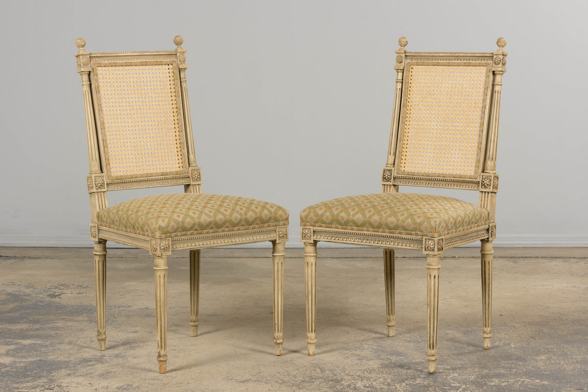 19th Century French Louis XVI Painted Cane Back Dining Chairs W/ Green Linen - Set of 6