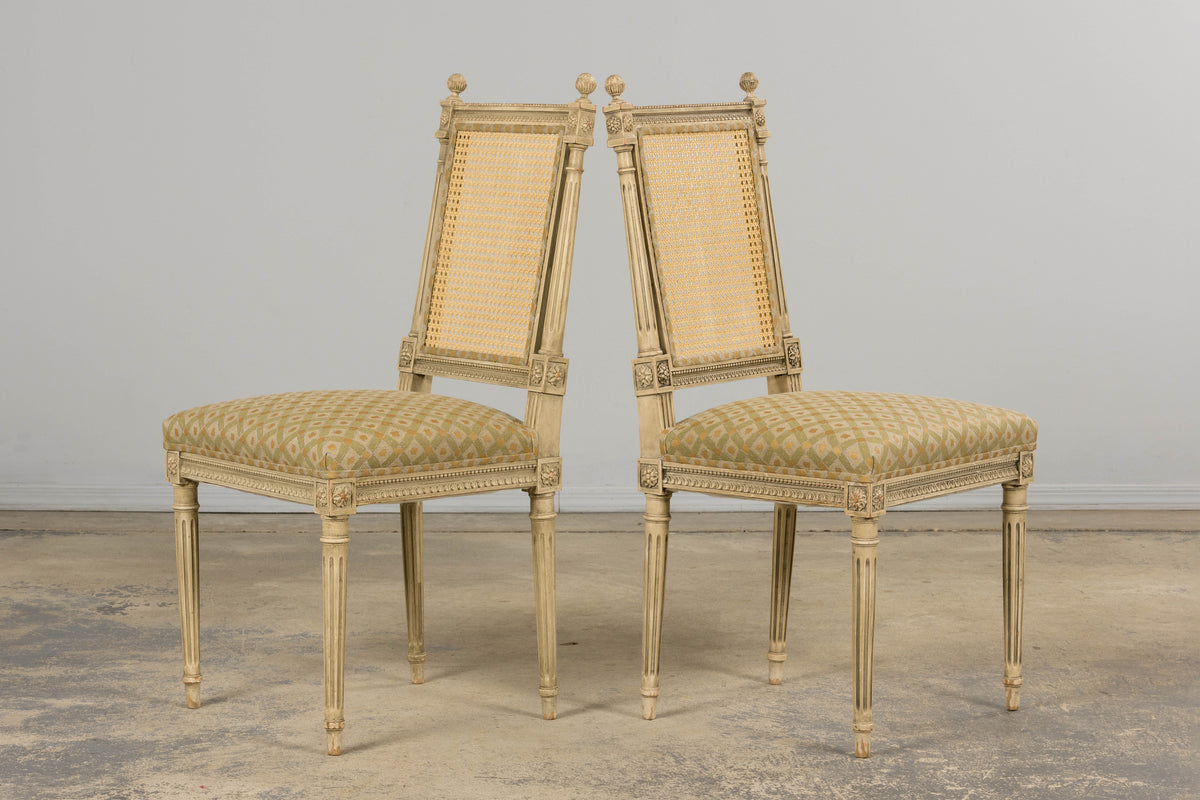 19th Century French Louis XVI Painted Cane Back Dining Chairs W/ Green Linen - Set of 6