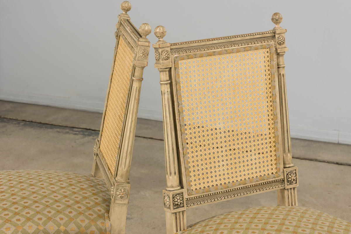 19th Century French Louis XVI Painted Cane Back Dining Chairs W/ Green Linen - Set of 6