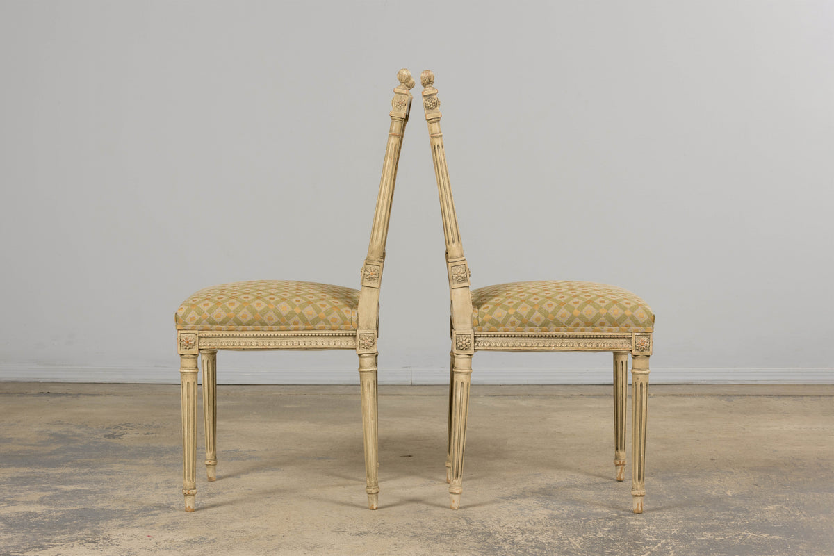 19th Century French Louis XVI Painted Cane Back Dining Chairs W/ Green Linen - Set of 6