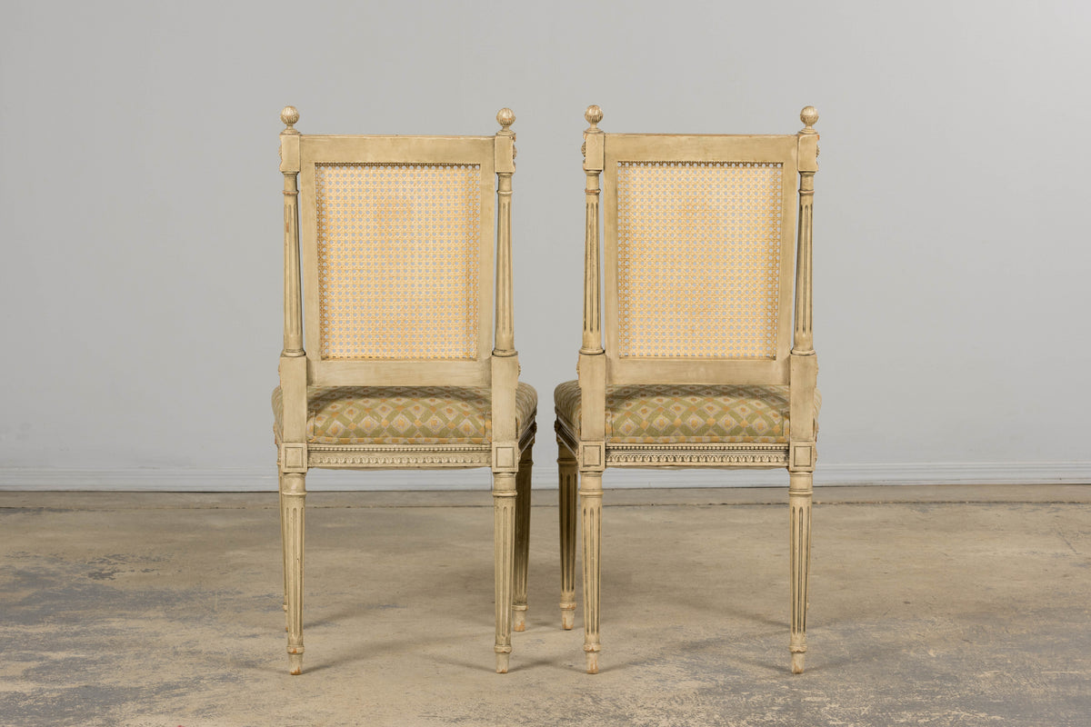 19th Century French Louis XVI Painted Cane Back Dining Chairs W/ Green Linen - Set of 6