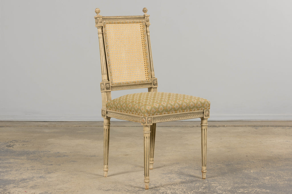 19th Century French Louis XVI Painted Cane Back Dining Chairs W/ Green Linen - Set of 6