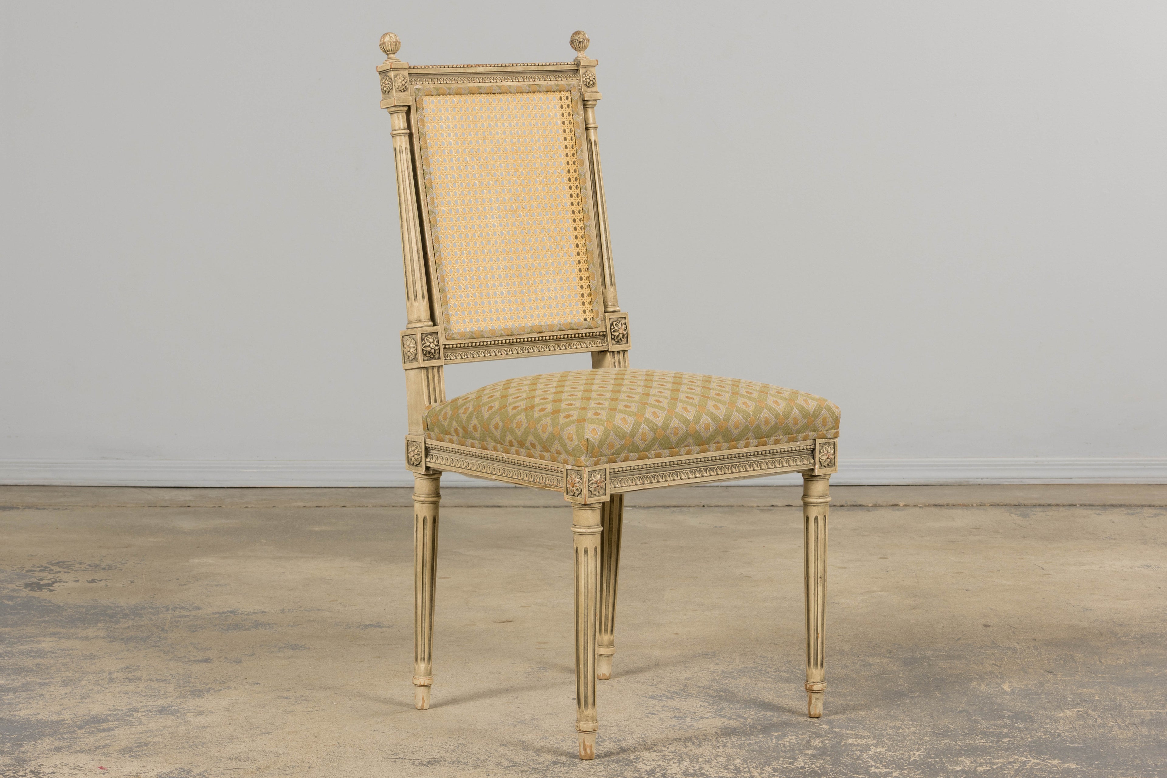 19th Century French Louis XVI Painted Cane Back Dining Chairs W/ Green Linen - Set of 6
