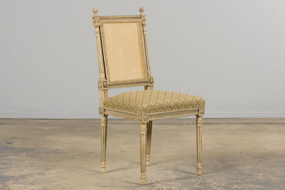 19th Century French Louis XVI Painted Cane Back Dining Chairs W/ Green Linen - Set of 6
