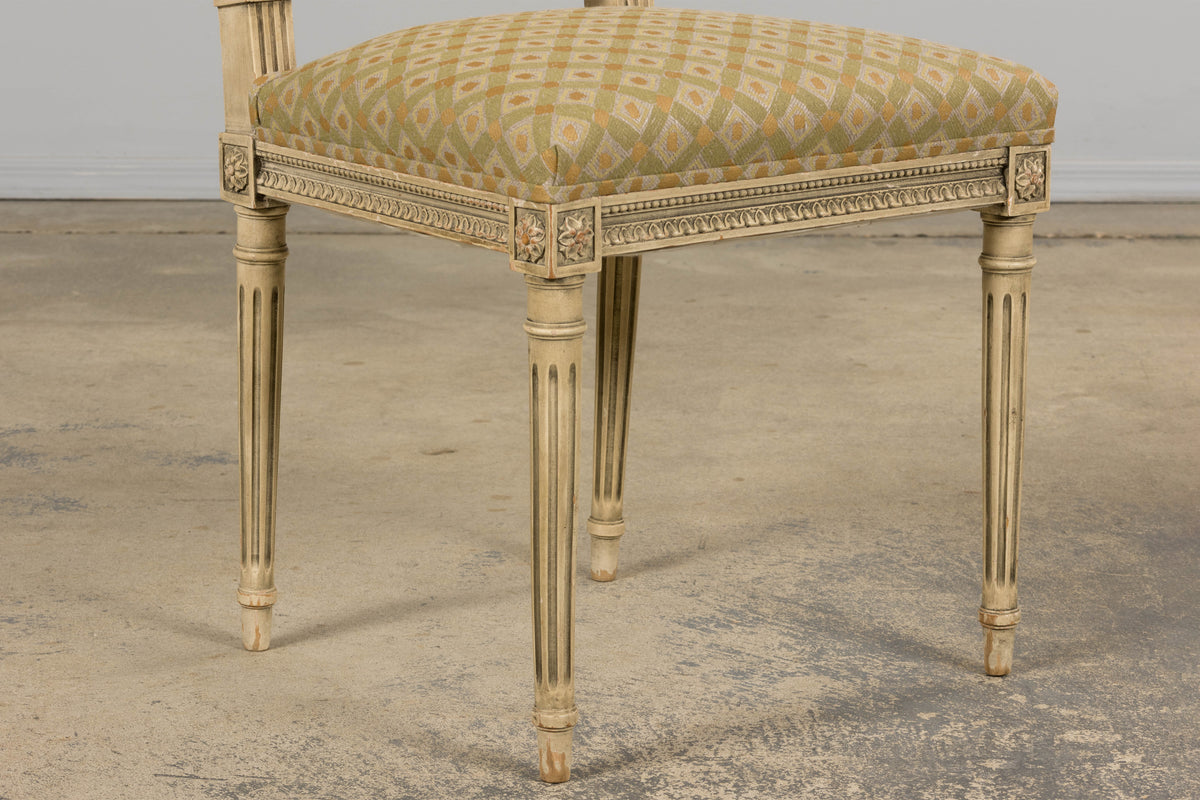 19th Century French Louis XVI Painted Cane Back Dining Chairs W/ Green Linen - Set of 6