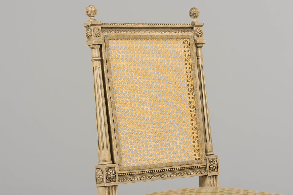 19th Century French Louis XVI Painted Cane Back Dining Chairs W/ Green Linen - Set of 6