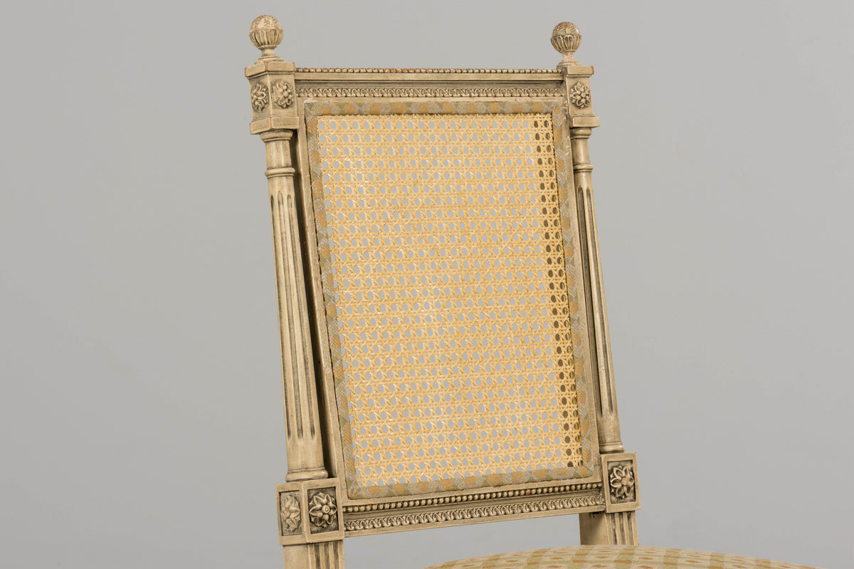 19th Century French Louis XVI Painted Cane Back Dining Chairs W/ Green Linen - Set of 6