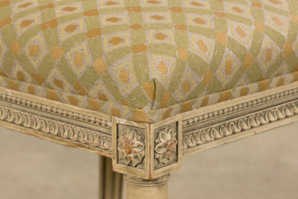 19th Century French Louis XVI Painted Cane Back Dining Chairs W/ Green Linen - Set of 6