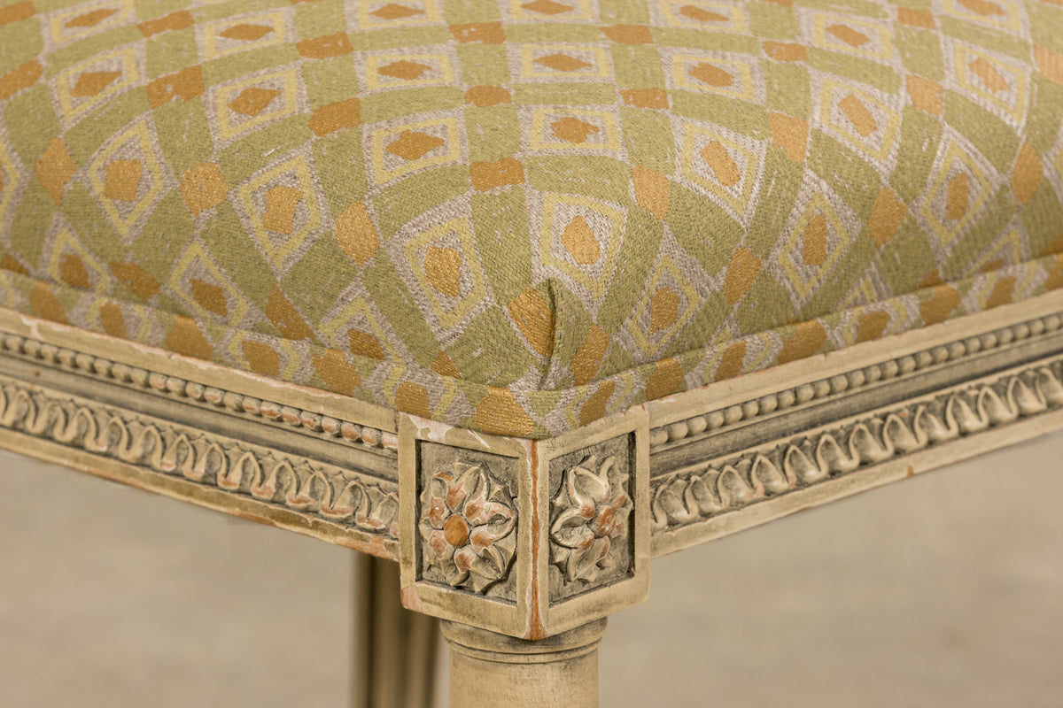 19th Century French Louis XVI Painted Cane Back Dining Chairs W/ Green Linen - Set of 6