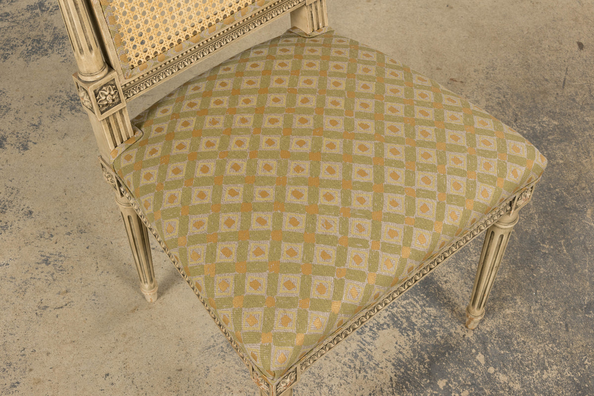 19th Century French Louis XVI Painted Cane Back Dining Chairs W/ Green Linen - Set of 6