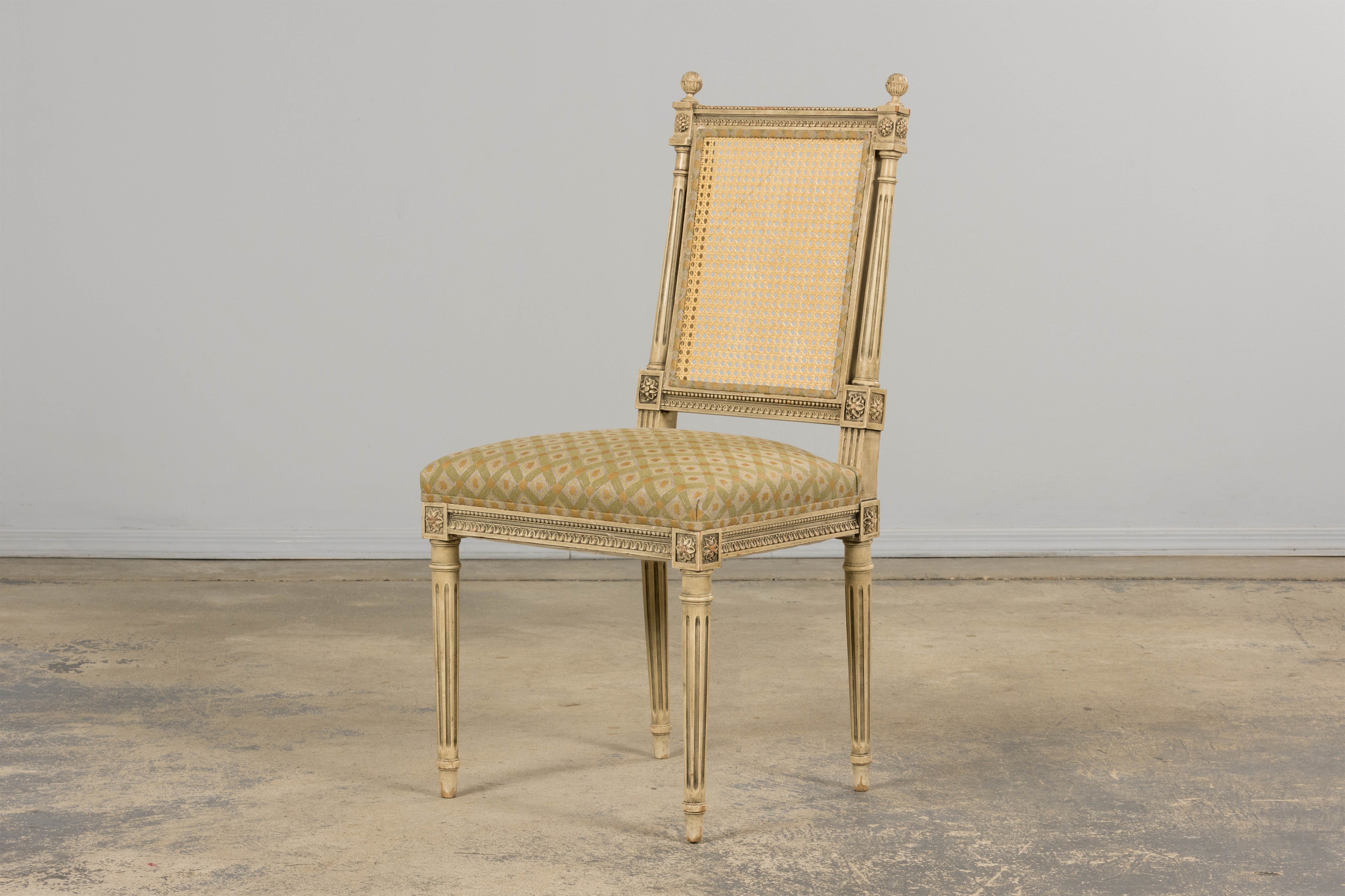 19th Century French Louis XVI Painted Cane Back Dining Chairs W/ Green Linen - Set of 6