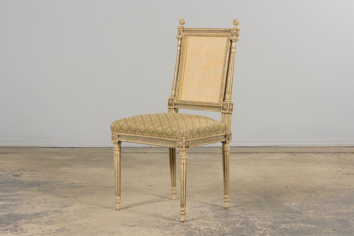 19th Century French Louis XVI Painted Cane Back Dining Chairs W/ Green Linen - Set of 6