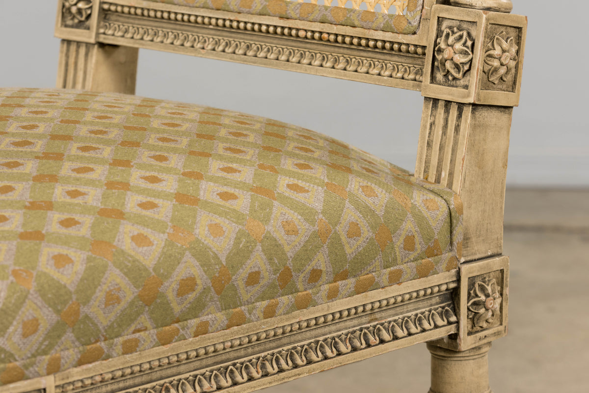 19th Century French Louis XVI Painted Cane Back Dining Chairs W/ Green Linen - Set of 6