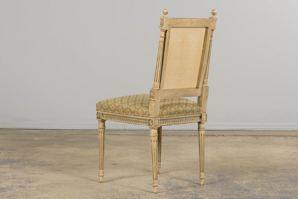 19th Century French Louis XVI Painted Cane Back Dining Chairs W/ Green Linen - Set of 6