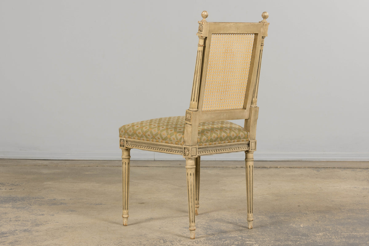 19th Century French Louis XVI Painted Cane Back Dining Chairs W/ Green Linen - Set of 6