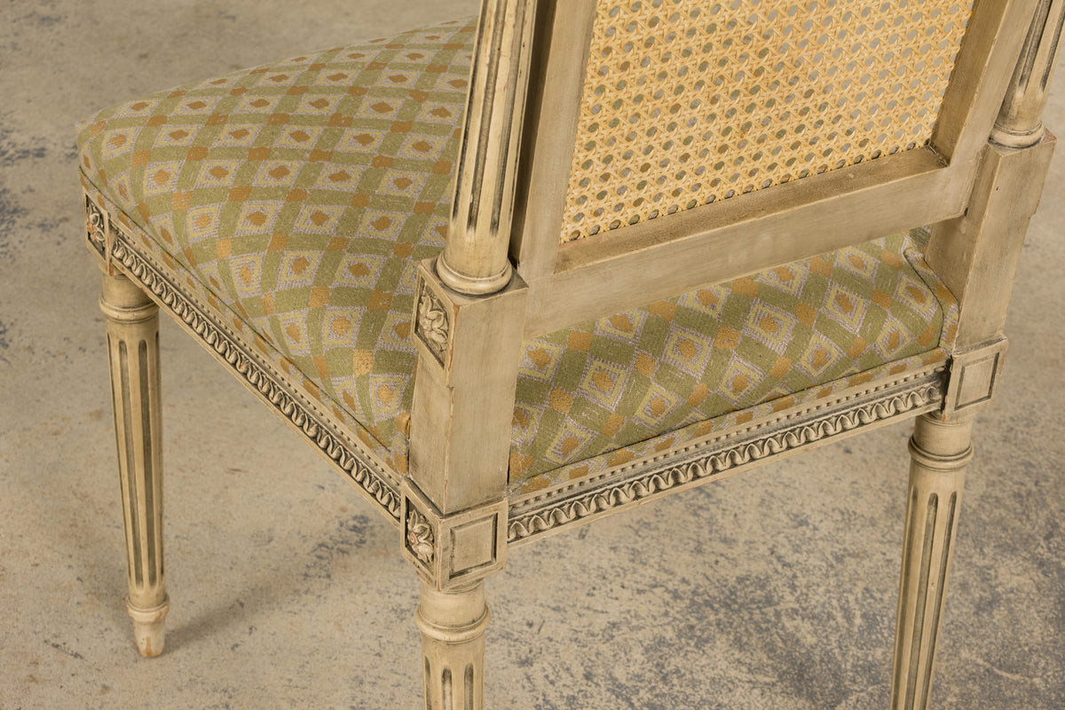 19th Century French Louis XVI Painted Cane Back Dining Chairs W/ Green Linen - Set of 6