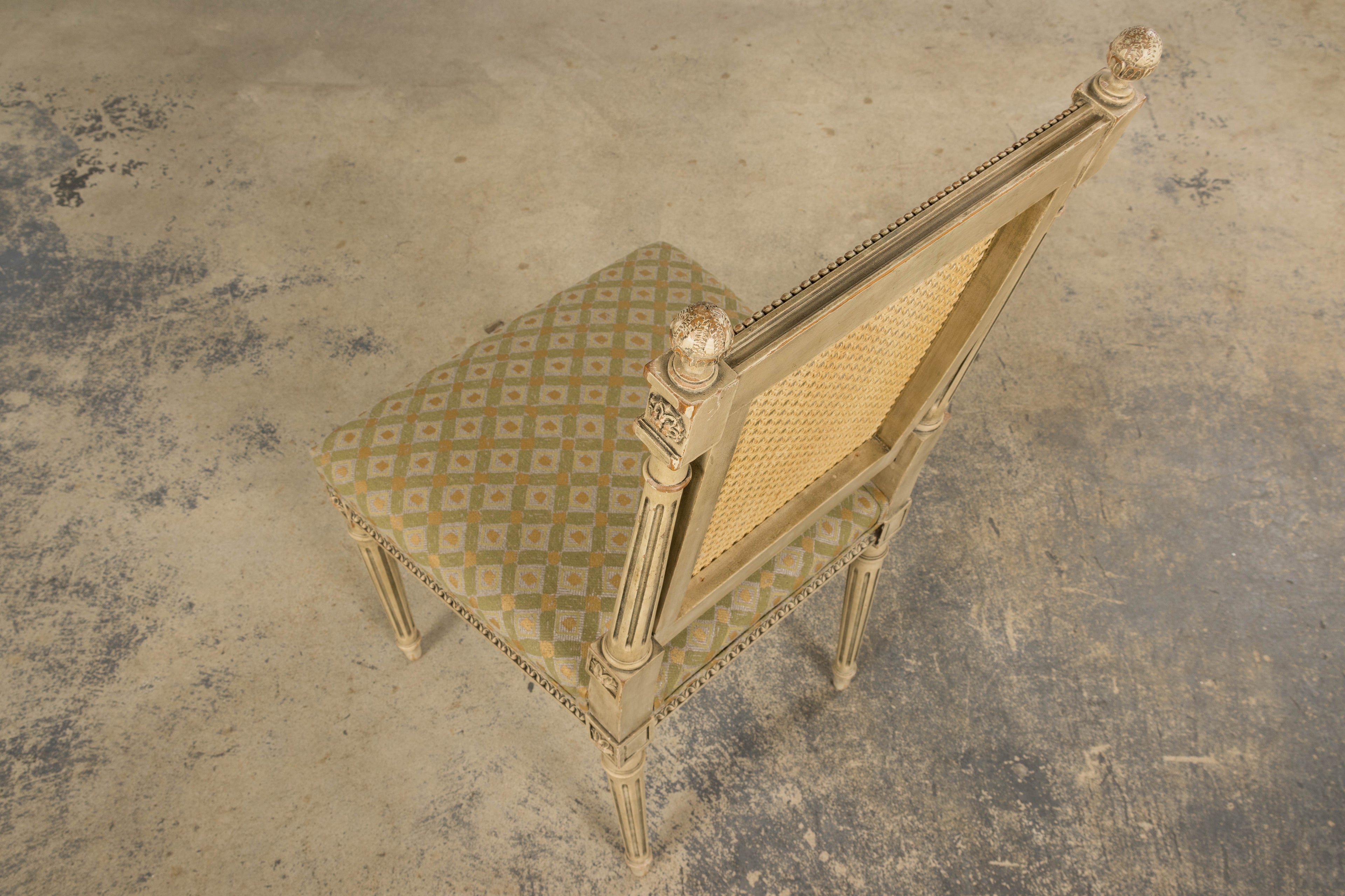 19th Century French Louis XVI Painted Cane Back Dining Chairs W/ Green Linen - Set of 6