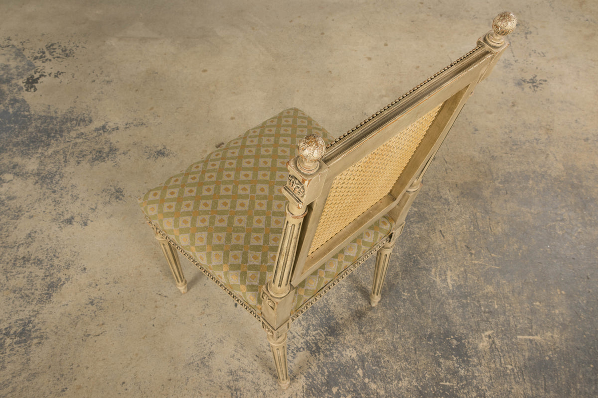19th Century French Louis XVI Painted Cane Back Dining Chairs W/ Green Linen - Set of 6