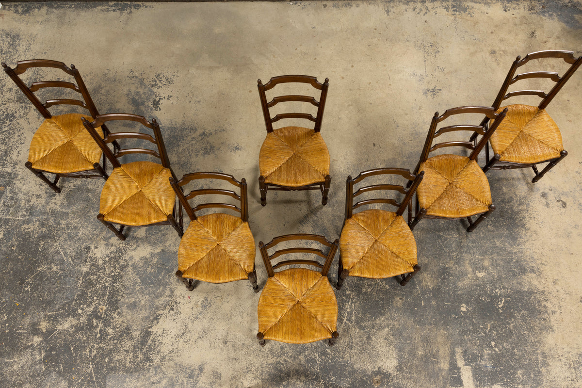 Antique French Louis XVI Style Ladder Back Walnut Dining Chairs W/ Rush Seats - Set of 8