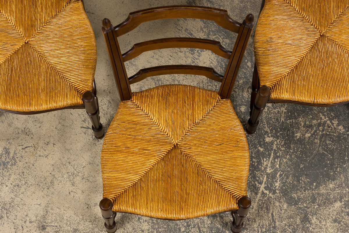 Antique French Louis XVI Style Ladder Back Walnut Dining Chairs W/ Rush Seats - Set of 8
