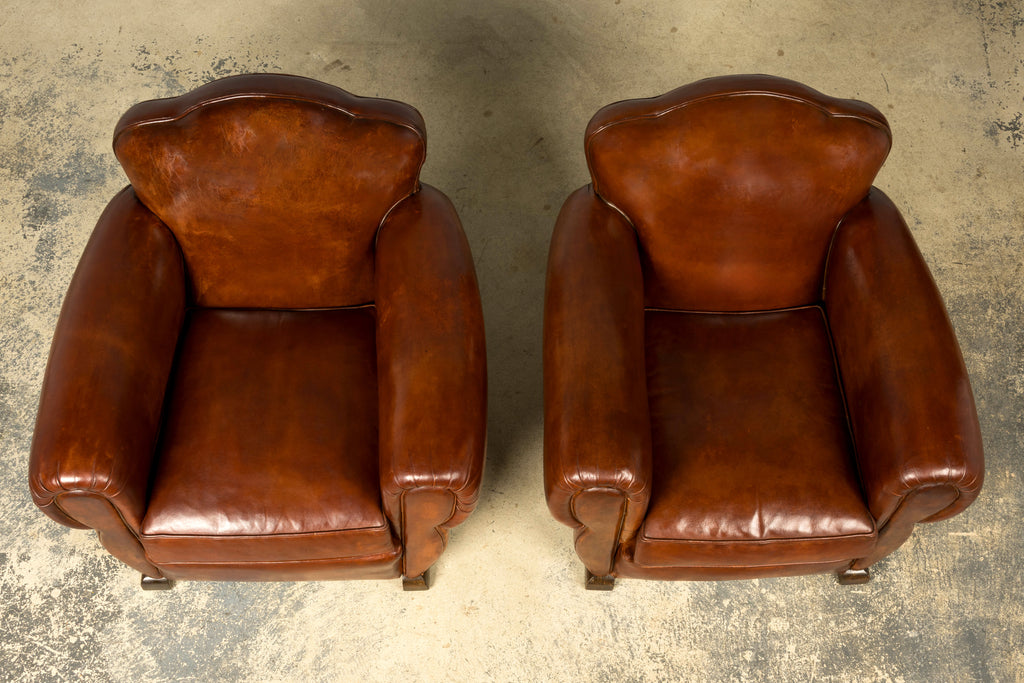 1940s French Art Deco Cognac Leather Club Chairs, Pair