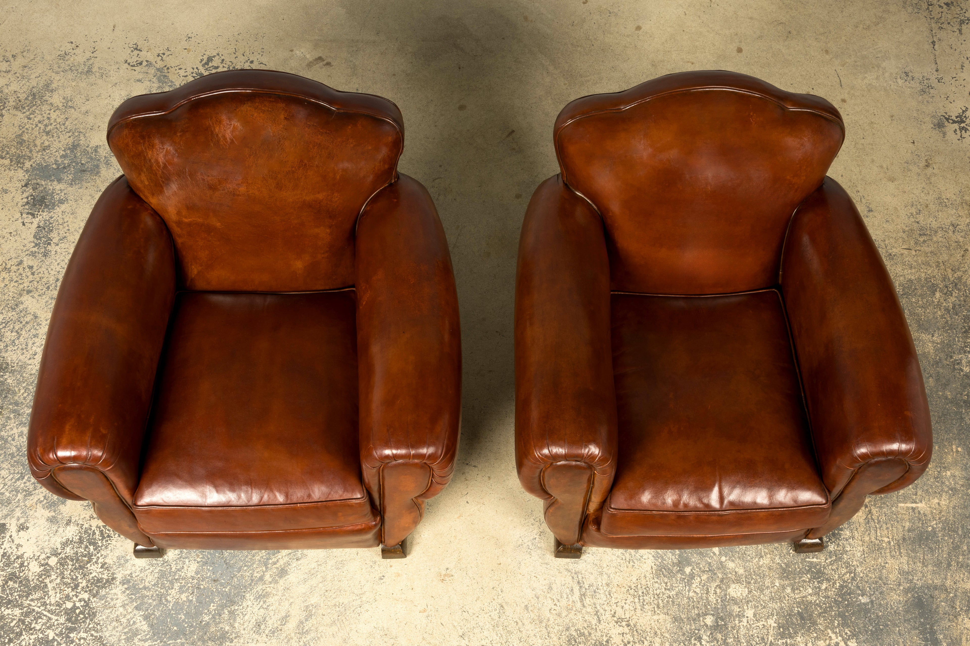 1940s French Art Deco Cognac Leather Club Chairs, Pair