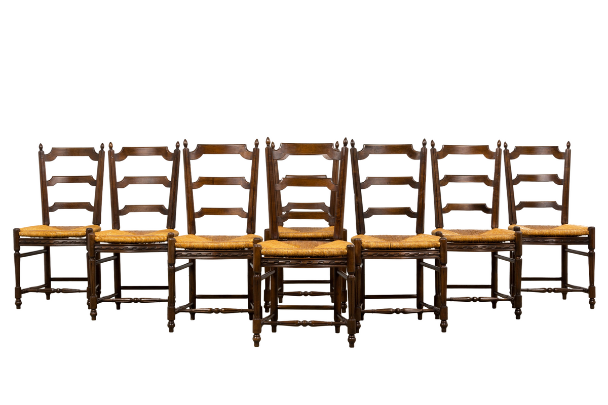 Antique French Louis XVI Style Ladder Back Walnut Dining Chairs W/ Rush Seats - Set of 8