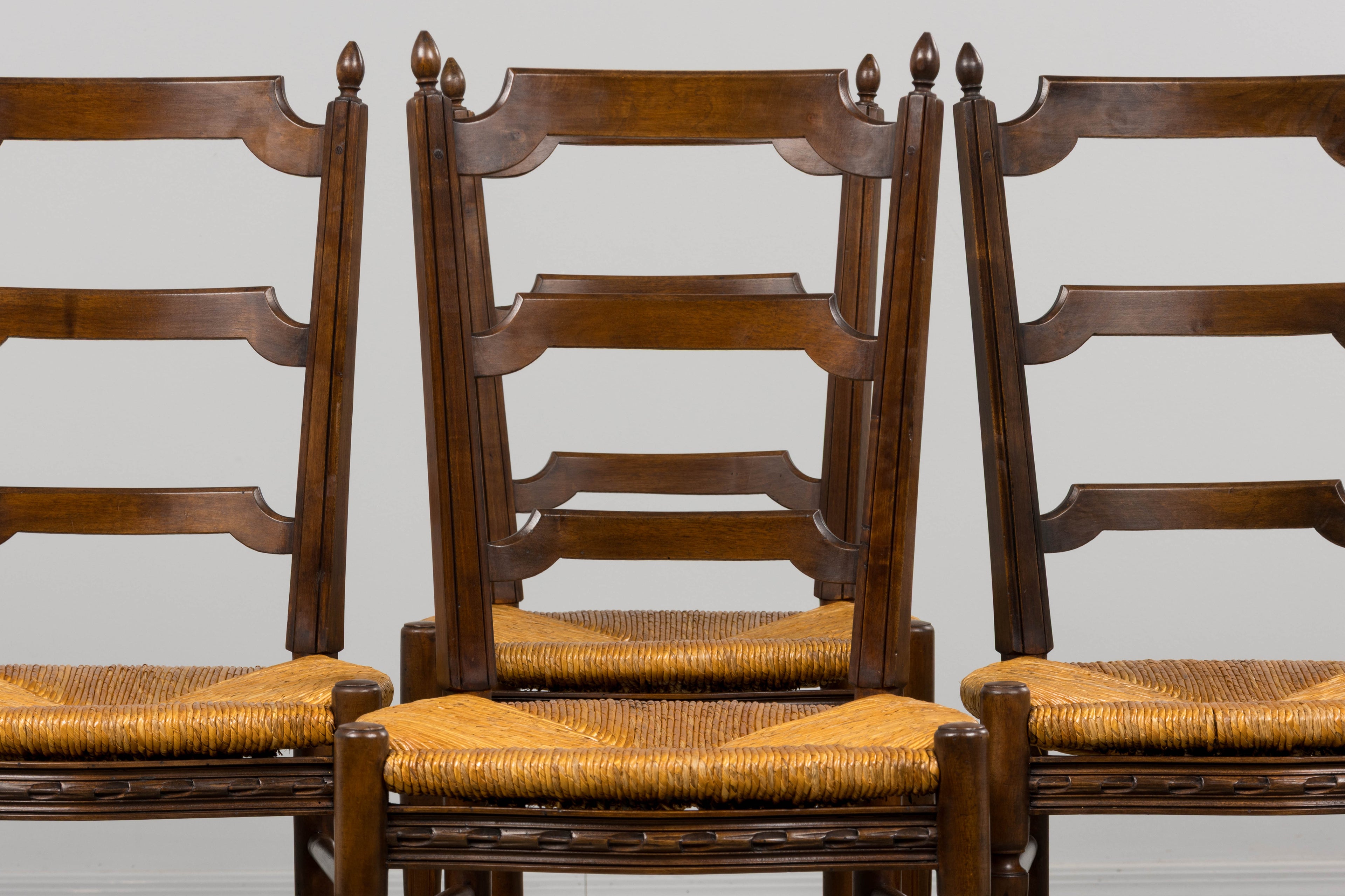 ON HOLD Antique French Louis XVI Style Ladder Back Walnut Dining Chairs W/ Rush Seats - Set of 8
